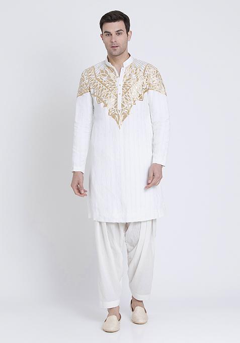 Ivory Charm Embroidered Linen Kurta For Men