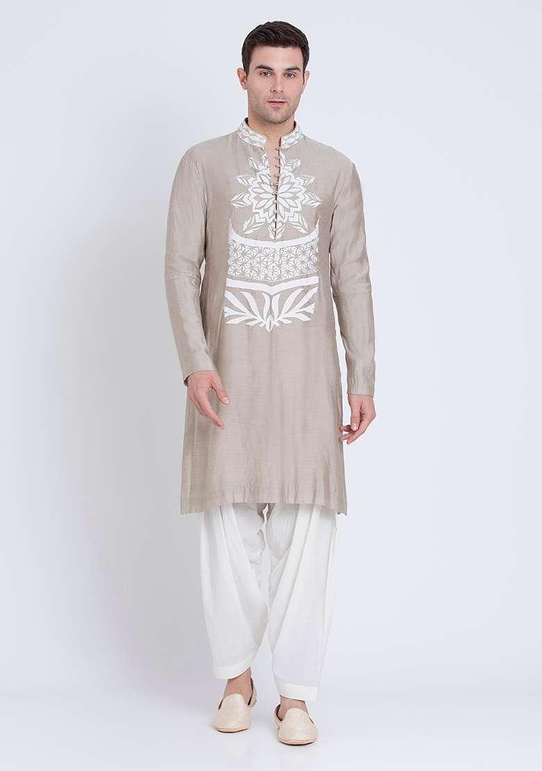 Grey Charm Embroidered Chanderi Kurta For Men - Indya