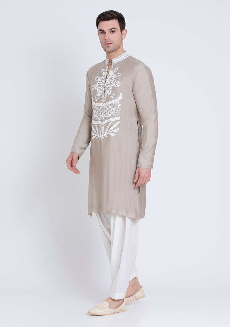 Grey Charm Embroidered Chanderi Kurta For Men - Indya