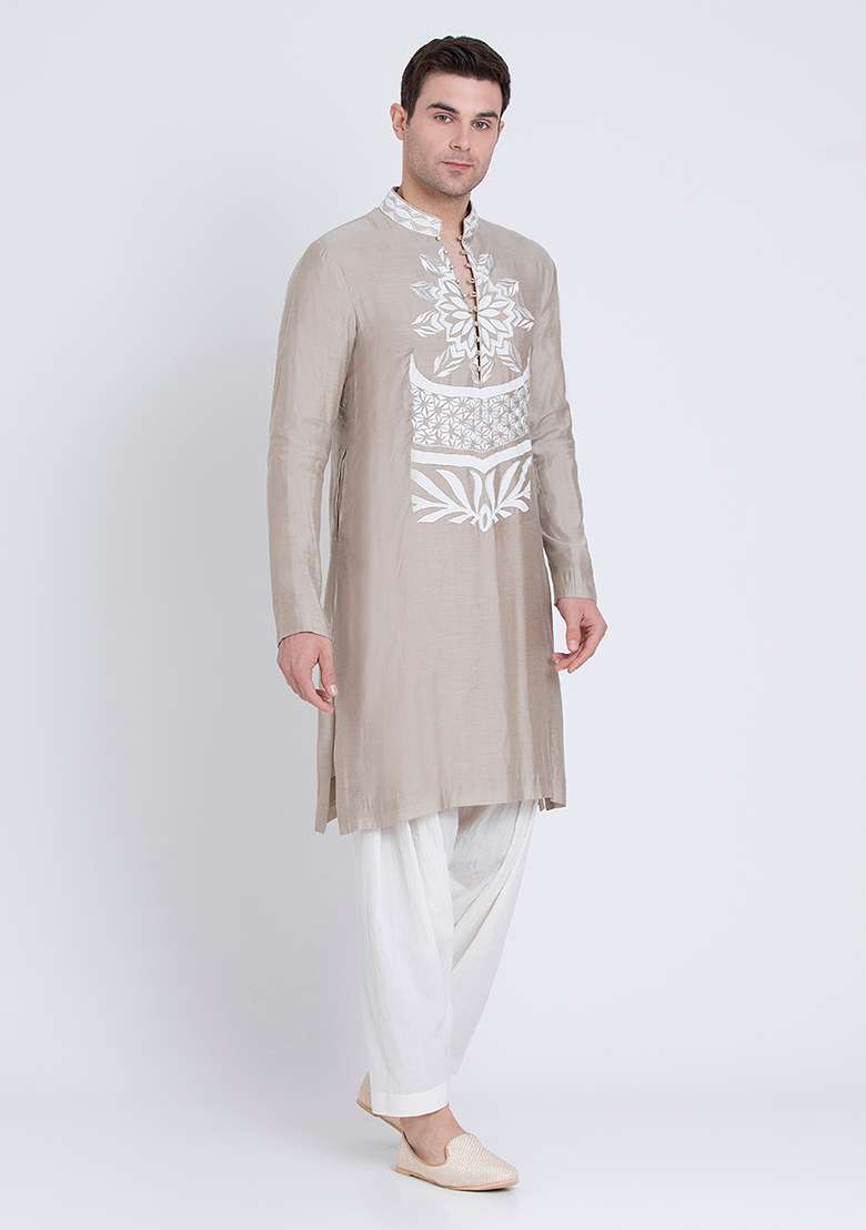 Grey Charm Embroidered Chanderi Kurta For Men - Indya