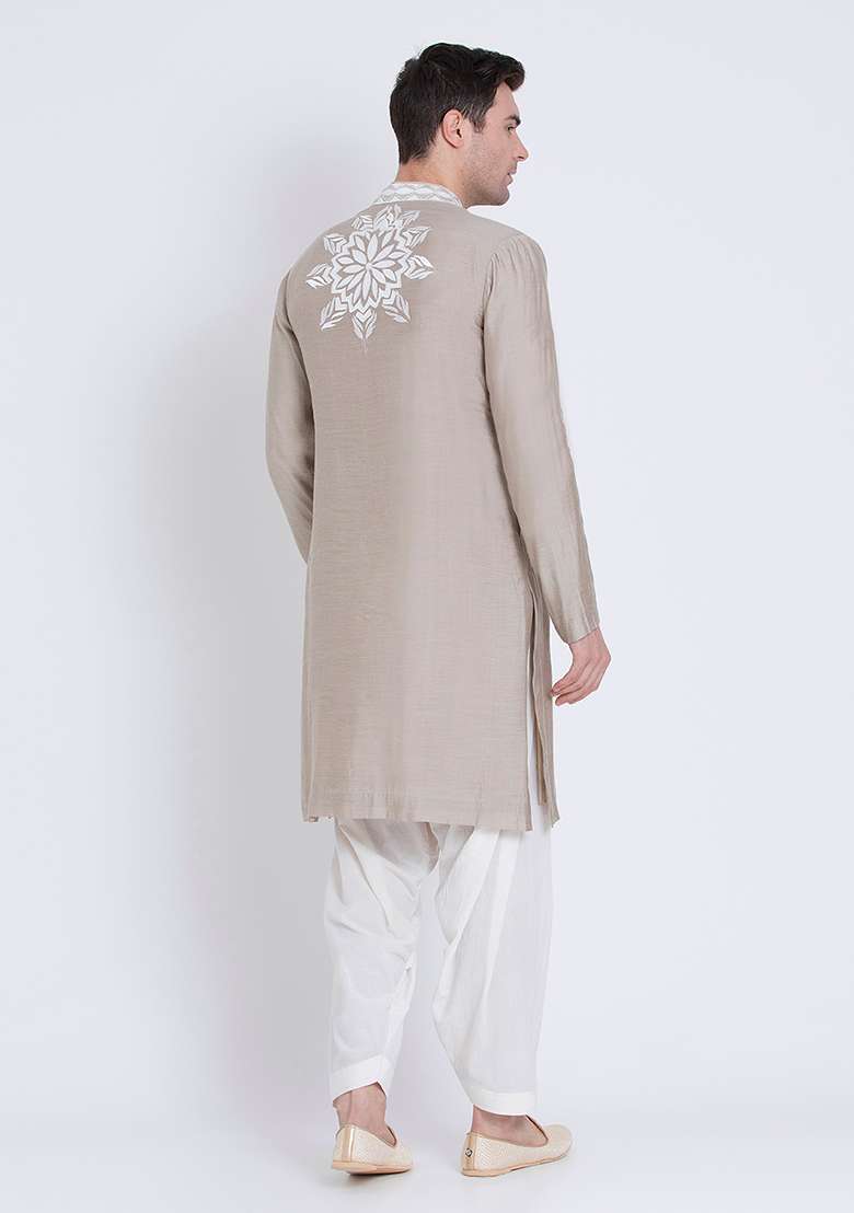 Grey Charm Embroidered Chanderi Kurta For Men - Indya