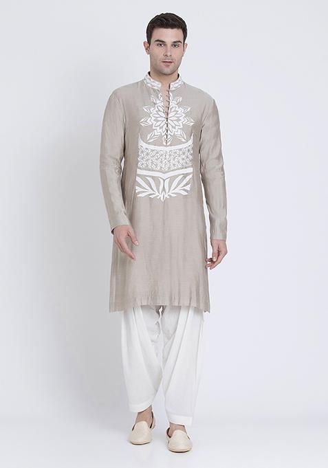 Grey Charm Embroidered Chanderi Kurta For Men