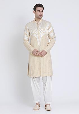 Beige Embroidered Linen Kurta For Men