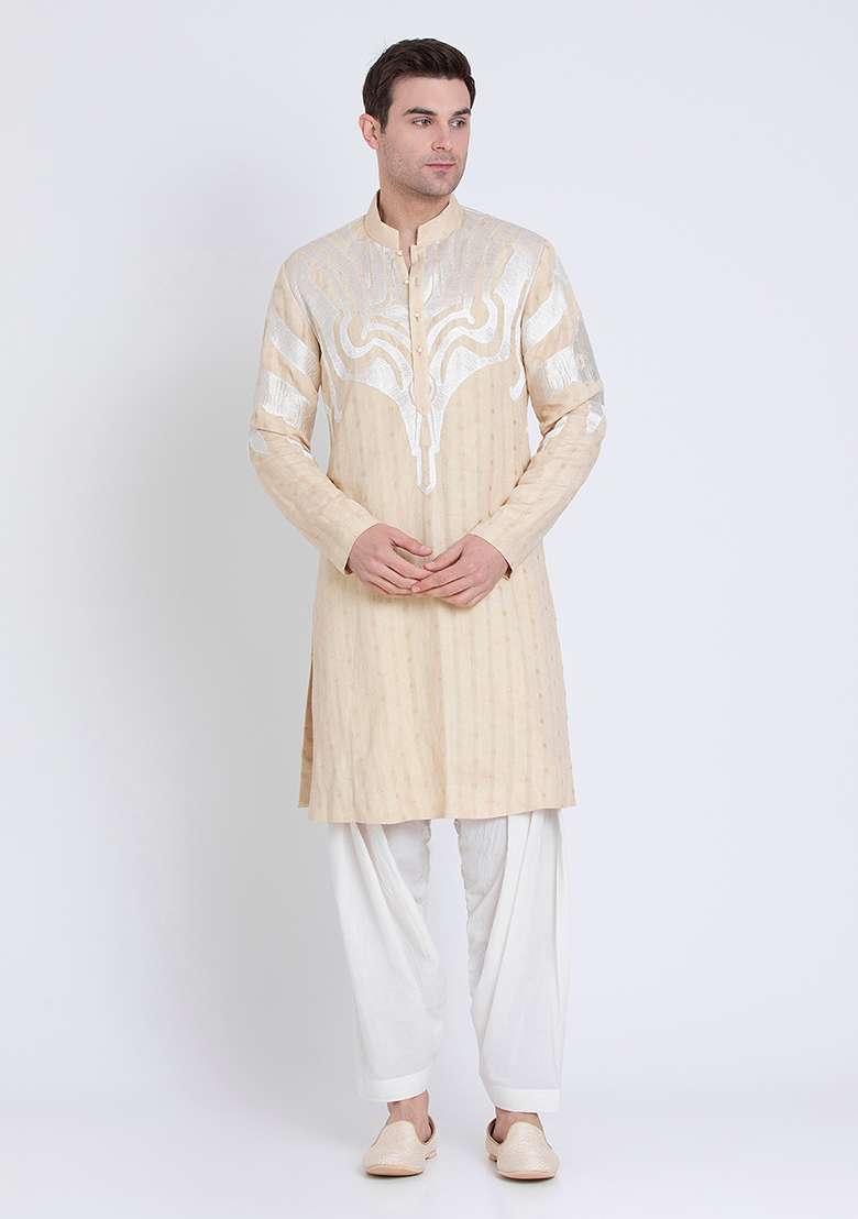 Beige Embroidered Linen Kurta For Men - Indya