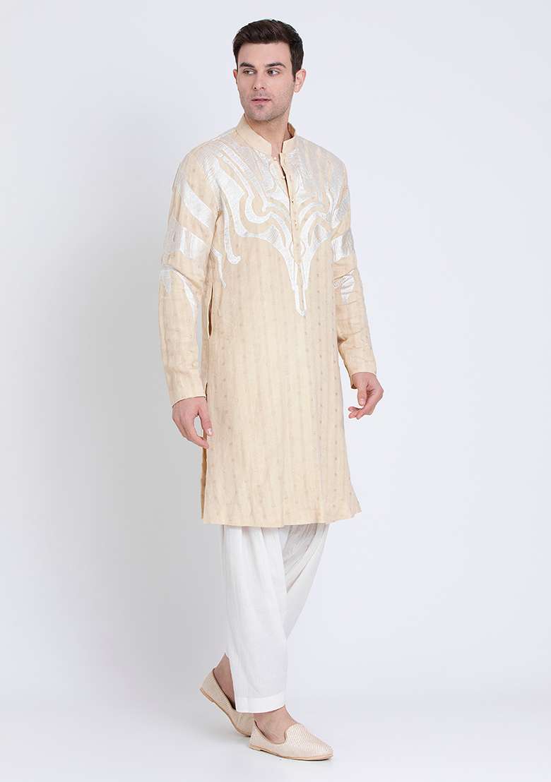 Beige Embroidered Linen Kurta For Men - Indya