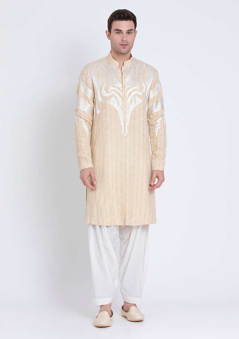 Beige Embroidered Linen Kurta For Men - Indya