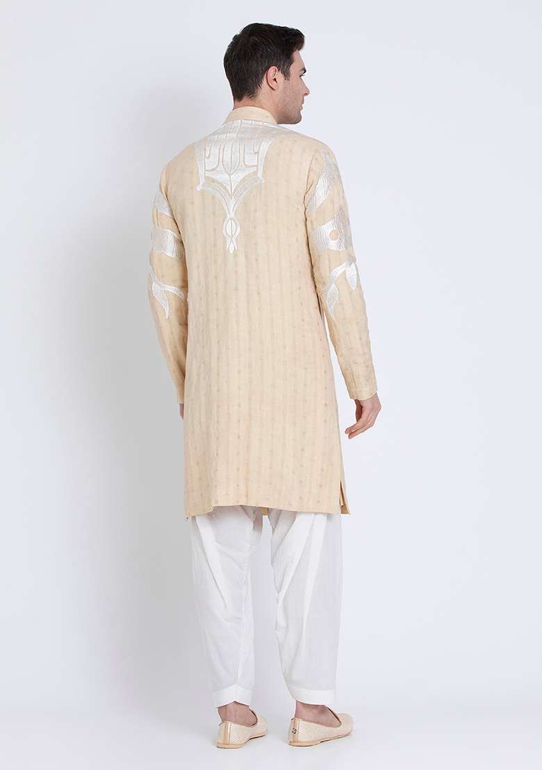 Beige Embroidered Linen Kurta For Men - Indya
