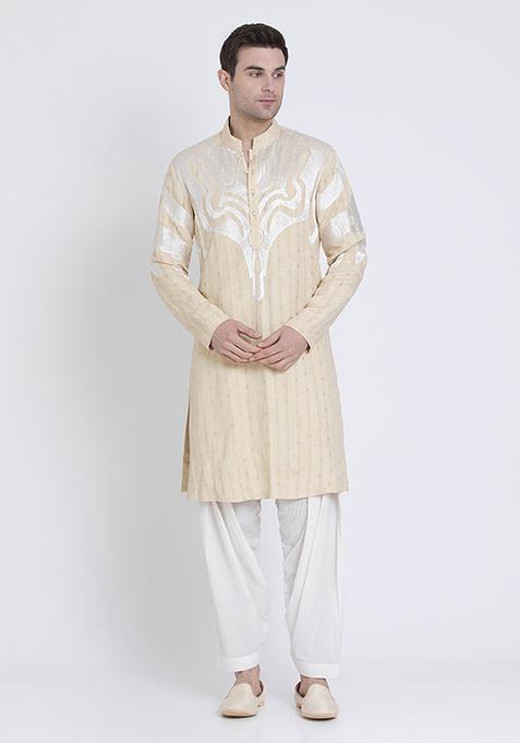 Beige Embroidered Linen Kurta For Men