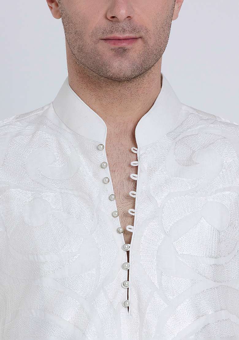 Ivory Luxe Embroidered Linen Kurta For Men - Indya