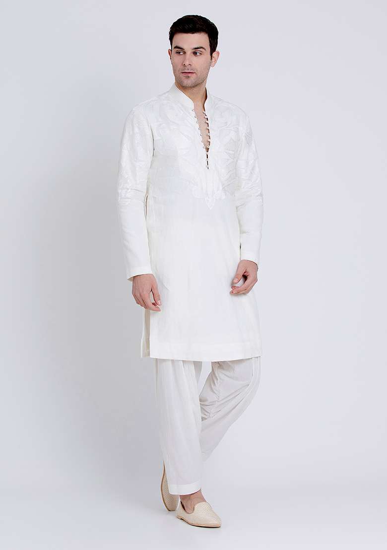 Ivory Luxe Embroidered Linen Kurta For Men - Indya