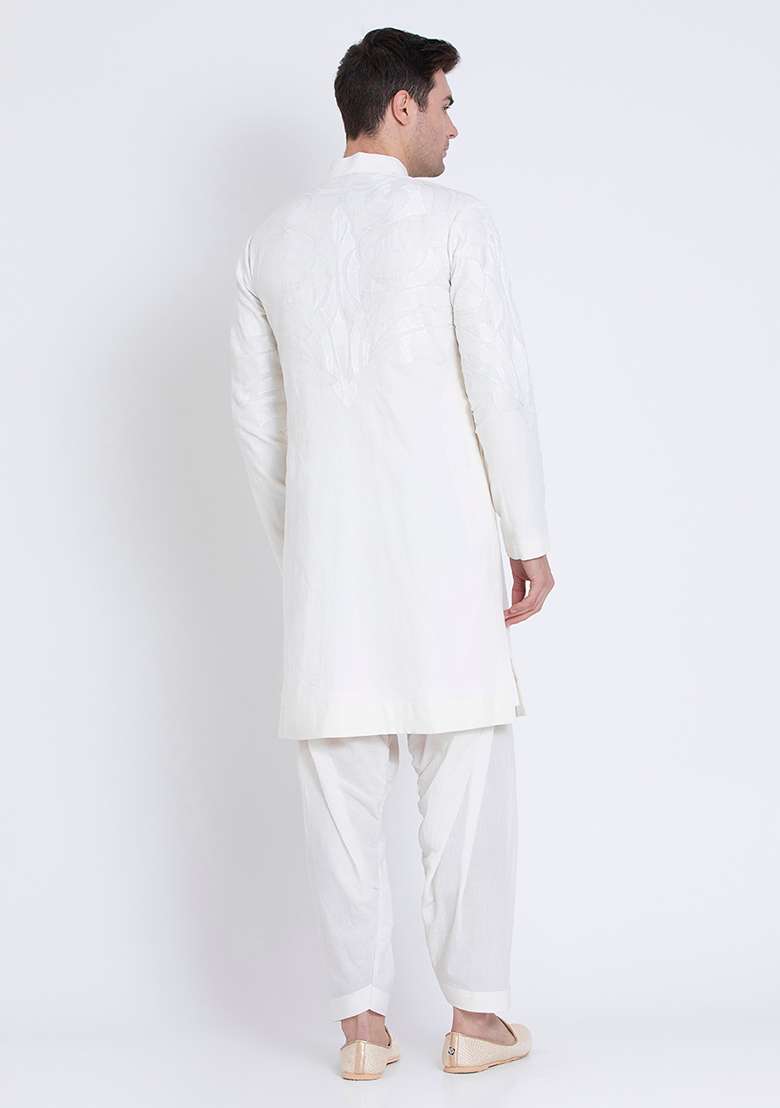 Ivory Luxe Embroidered Linen Kurta For Men - Indya