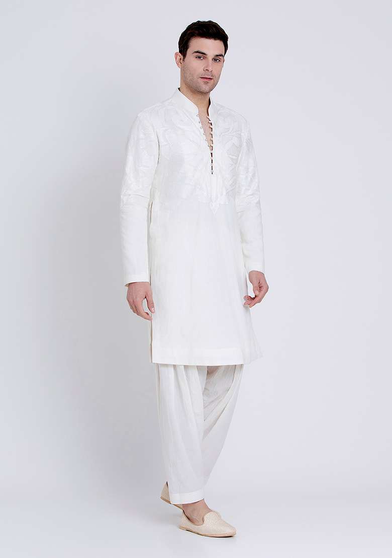 Ivory Luxe Embroidered Linen Kurta For Men - Indya