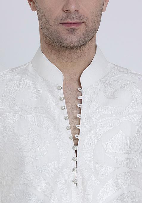 Ivory Luxe Embroidered Linen Kurta For Men