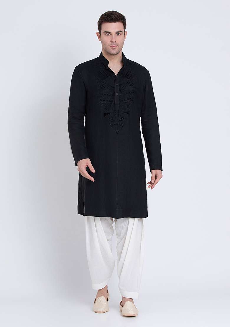 Black Luxe Embroidered Linen Kurta For Men - Indya