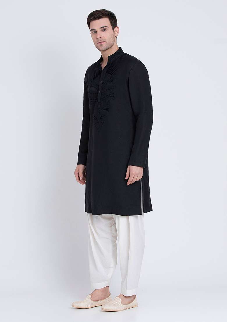 Black Luxe Embroidered Linen Kurta For Men - Indya