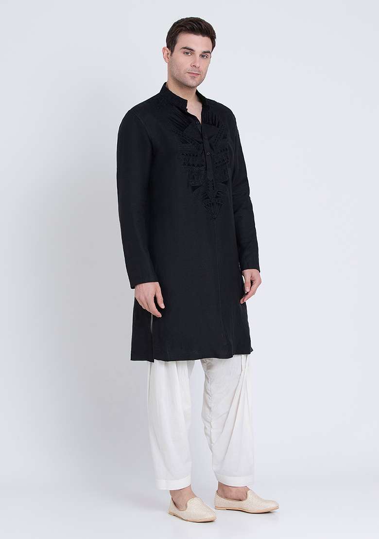 Black Luxe Embroidered Linen Kurta For Men - Indya