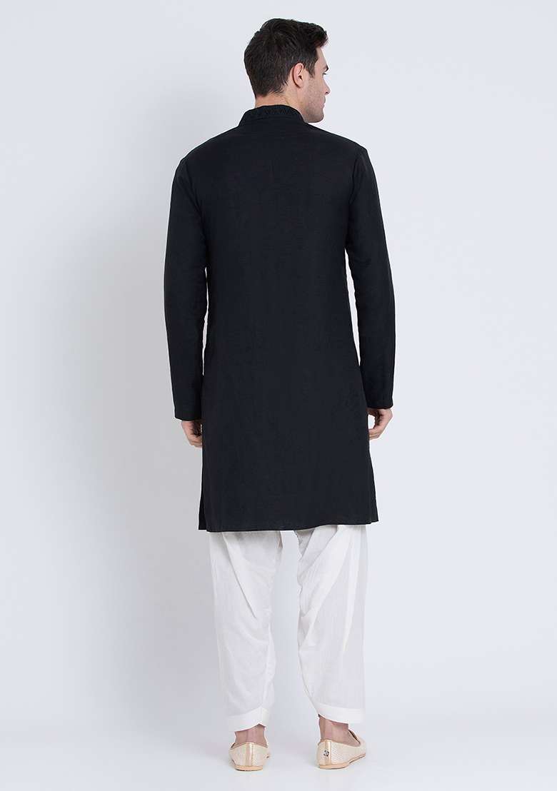 Black Luxe Embroidered Linen Kurta For Men - Indya