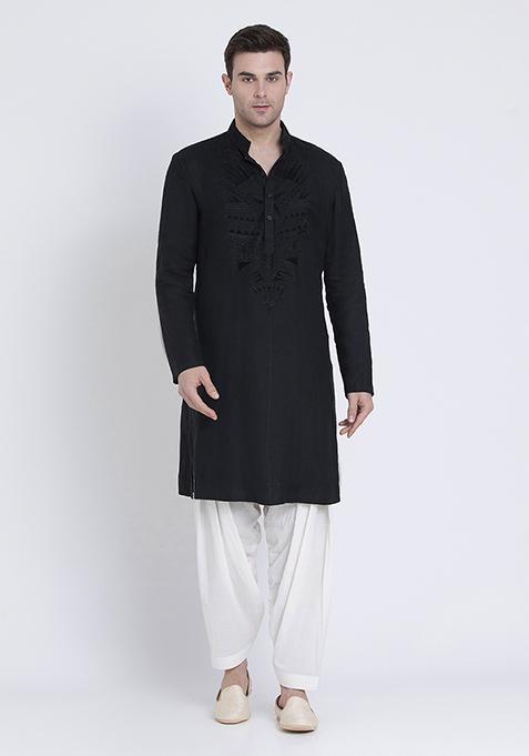 Black Luxe Embroidered Linen Kurta For Men