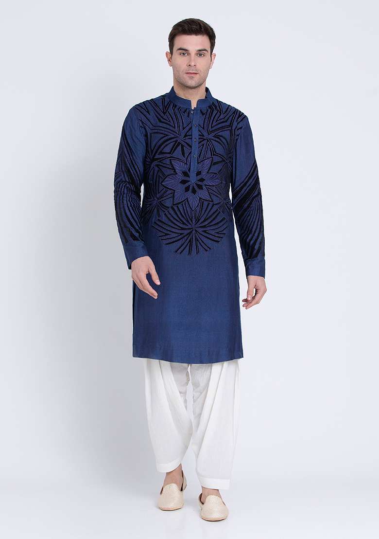Blue Luxe Embroidered Silk Blend Kurta For Men - Indya