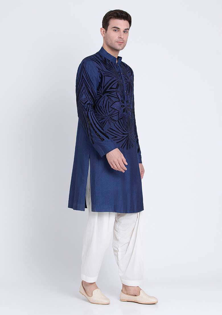 Blue Luxe Embroidered Silk Blend Kurta For Men - Indya