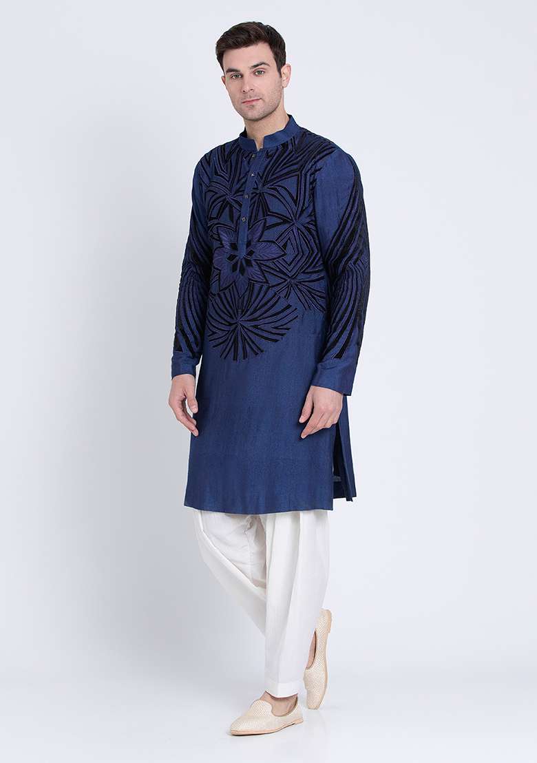 Blue Luxe Embroidered Silk Blend Kurta For Men - Indya