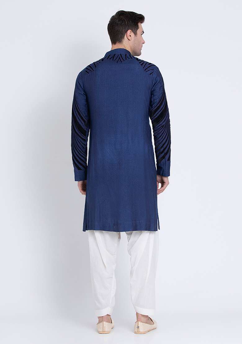 Blue Luxe Embroidered Silk Blend Kurta For Men - Indya