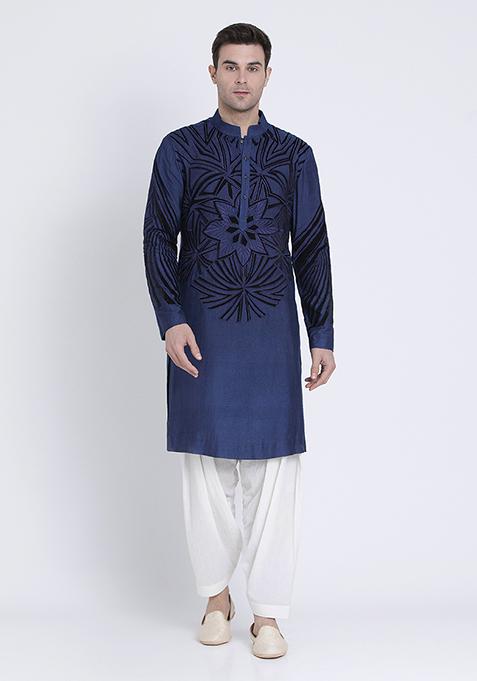 Blue Luxe Embroidered Silk Kurta For Men