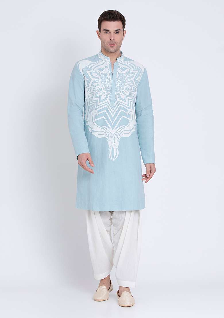 Blue Timeless Embroidered Linen Kurta For Men - Indya
