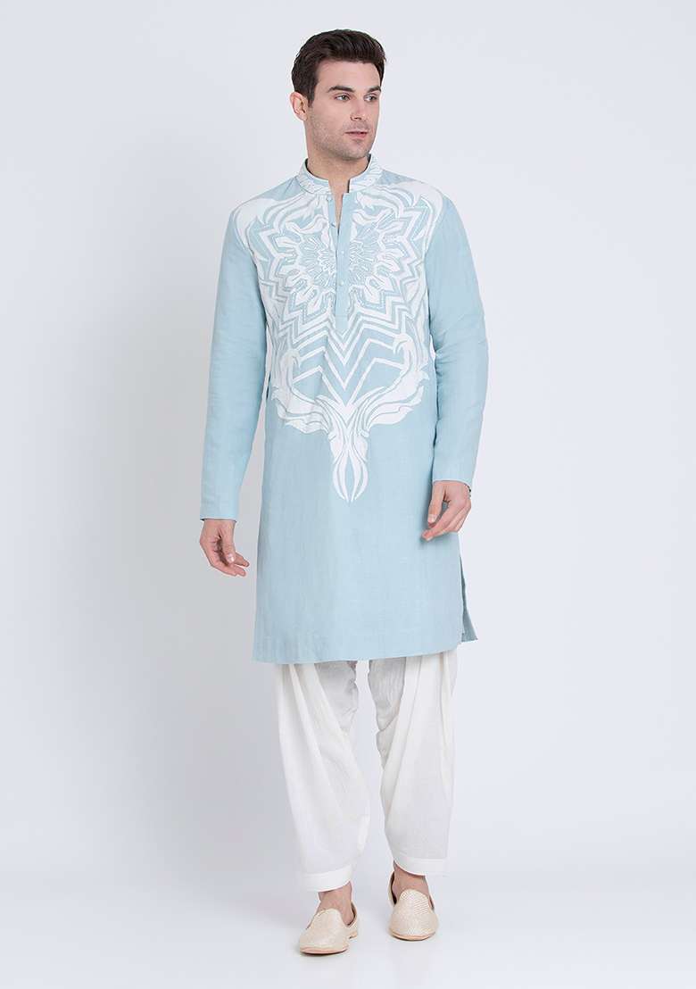 Blue Timeless Embroidered Linen Kurta For Men - Indya