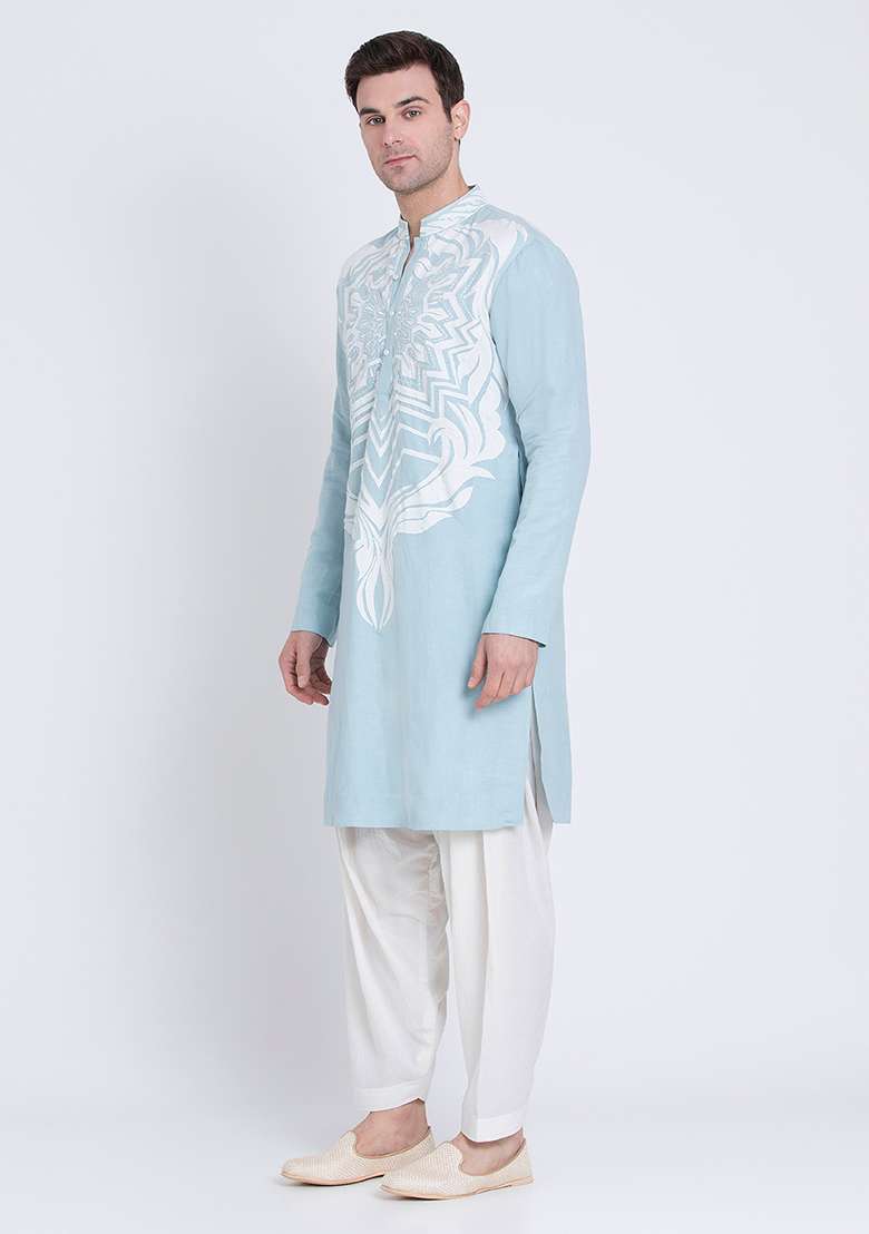 Blue Timeless Embroidered Linen Kurta For Men - Indya