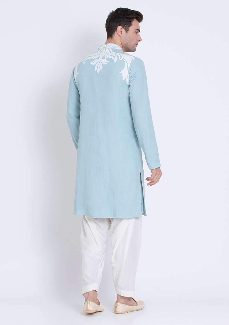 Blue Timeless Embroidered Linen Kurta For Men - Indya