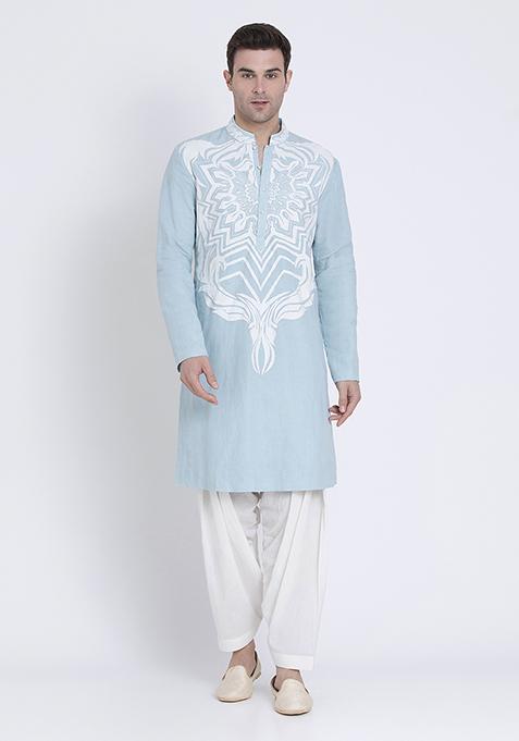 Blue Timeless Embroidered Linen Kurta For Men