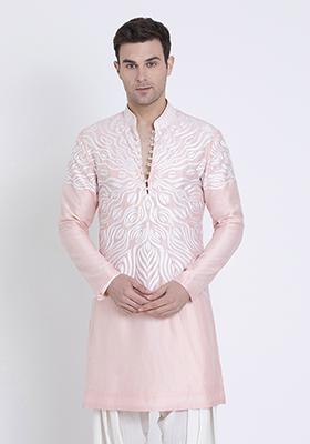 Pink Classic Embroidered Linen Kurta For Men
