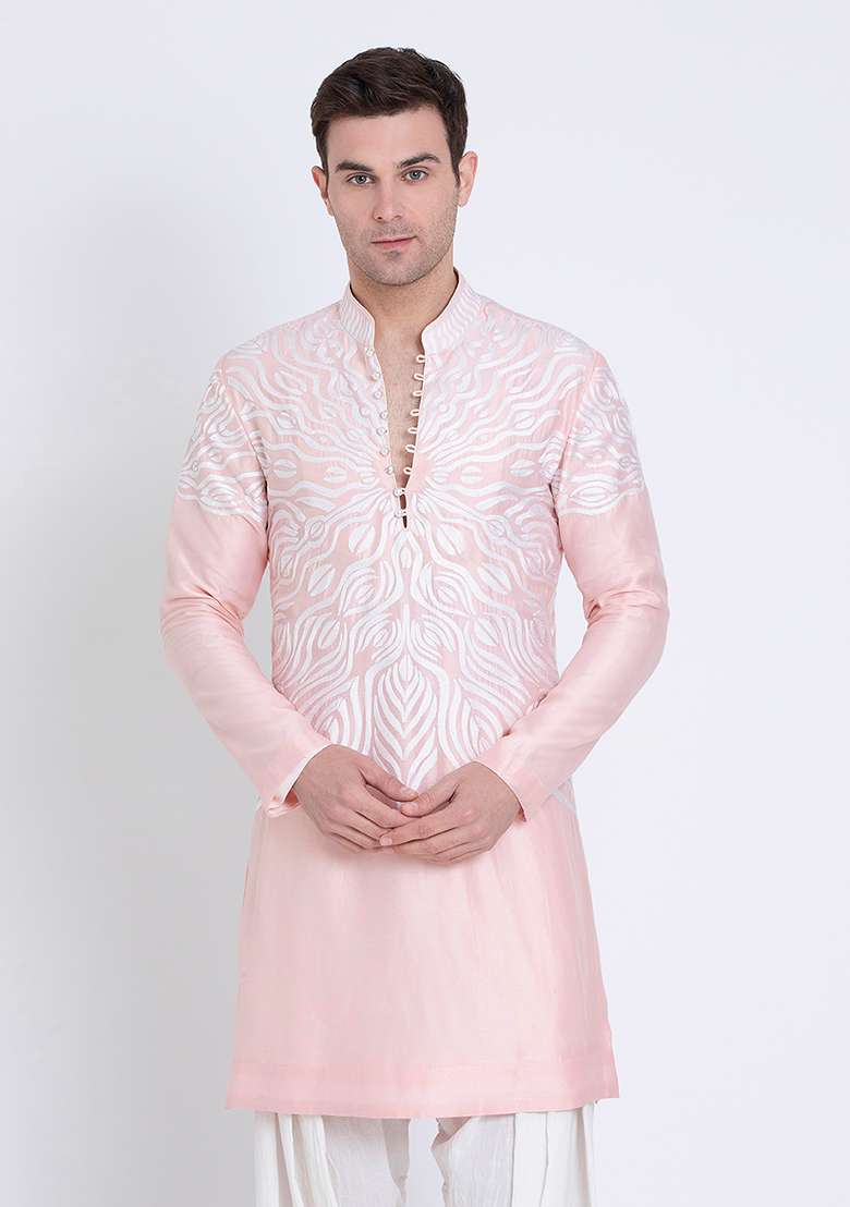 Pink Classic Embroidered Linen Kurta For Men - Indya