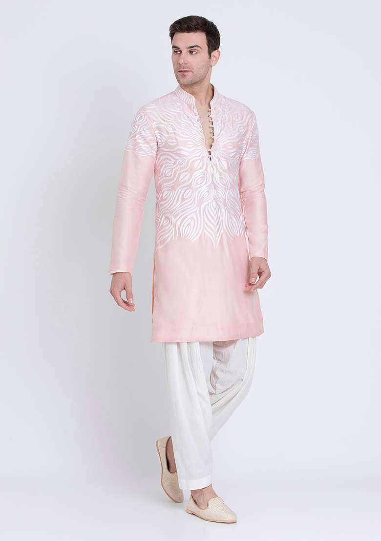 Pink Classic Embroidered Linen Kurta For Men - Indya