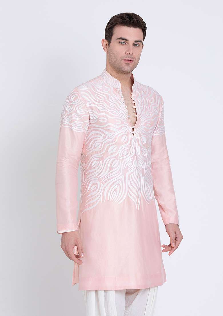 Pink Classic Embroidered Linen Kurta For Men - Indya