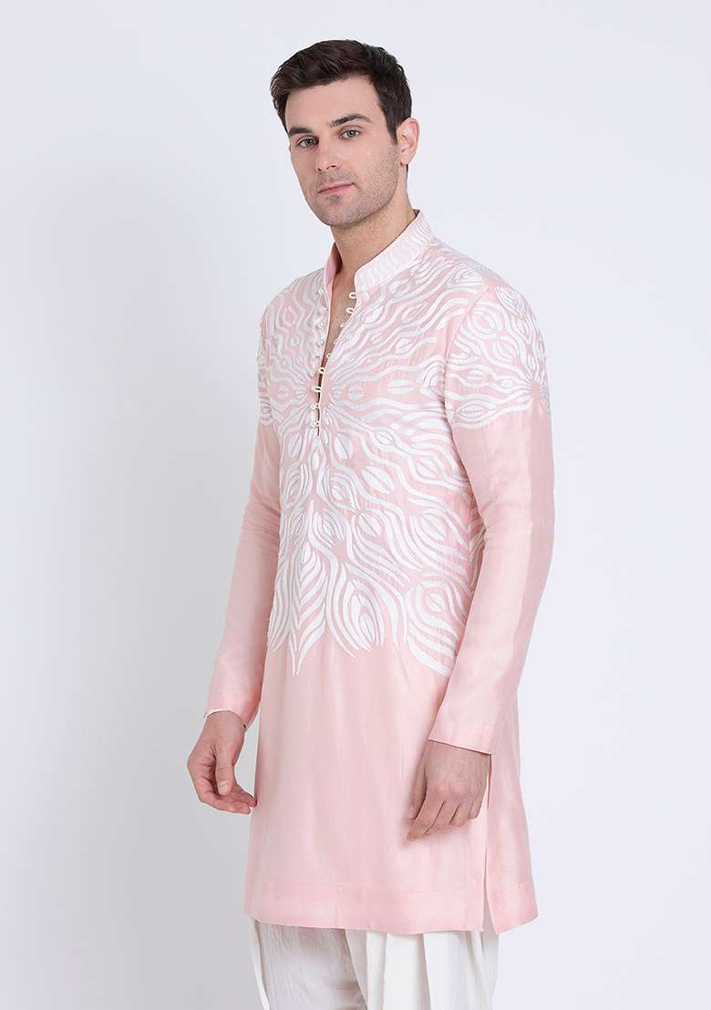 Pink Classic Embroidered Linen Kurta For Men - Indya