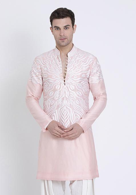 Pink Classic Embroidered Linen Kurta For Men