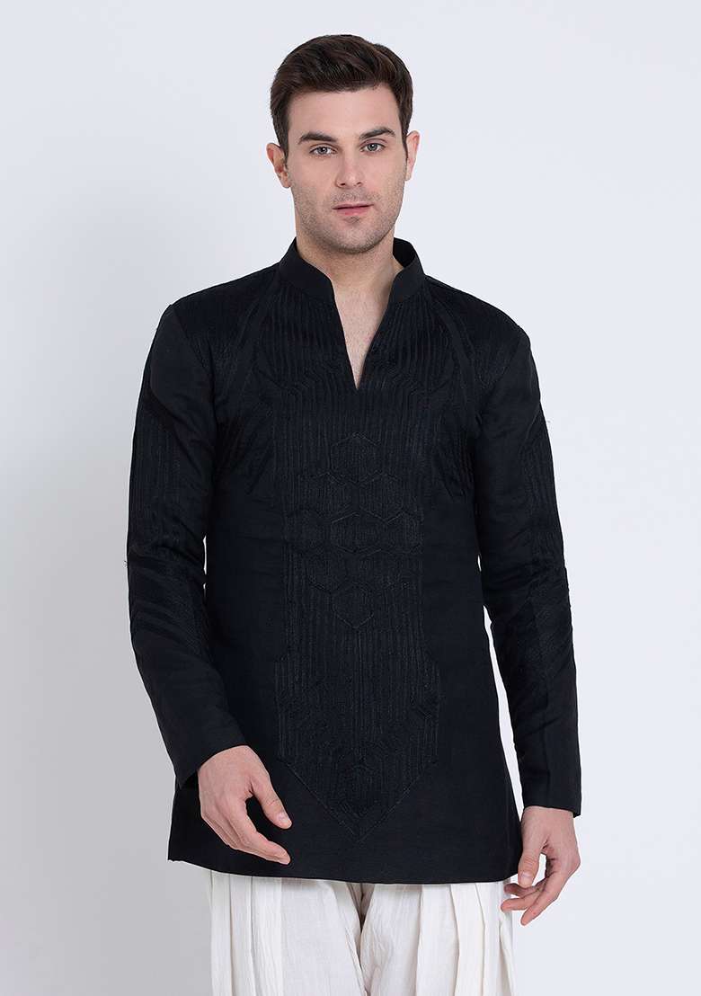 Black Fresh Embroidered Linen Kurta For Men - Indya