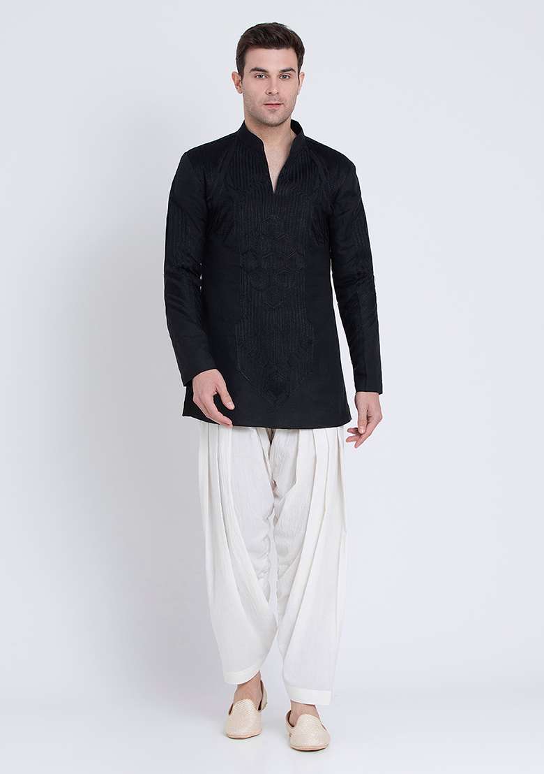 Black Fresh Embroidered Linen Kurta For Men - Indya