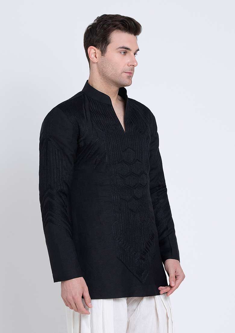 Black Fresh Embroidered Linen Kurta For Men - Indya