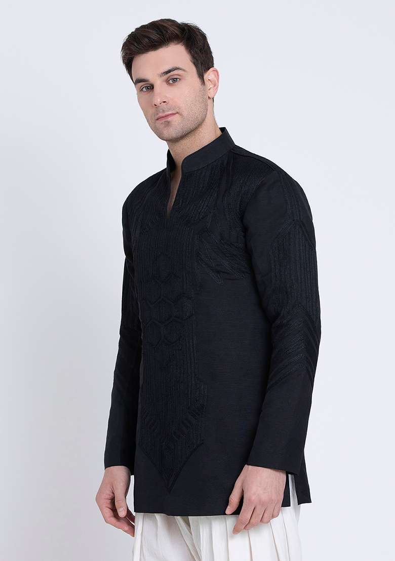 Black Fresh Embroidered Linen Kurta For Men - Indya