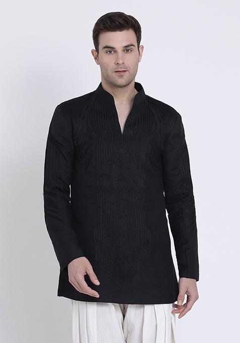 Black Fresh Embroidered Linen Kurta For Men