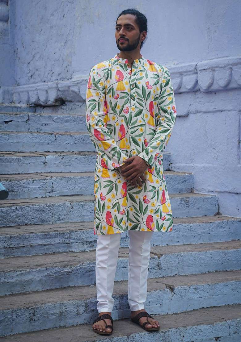 White Printed Woven Cotton Kurta For Men - Indya