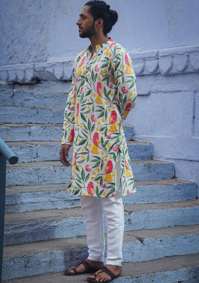 White Printed Woven Cotton Kurta For Men - Indya