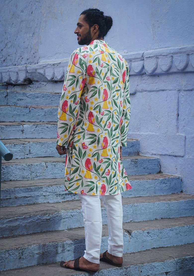 White Printed Woven Cotton Kurta For Men - Indya