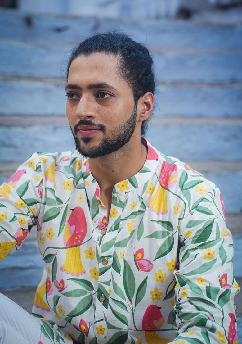 White Printed Woven Cotton Kurta For Men - Indya