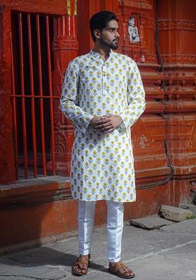 White Printed Woven Cotton Kurta For Men