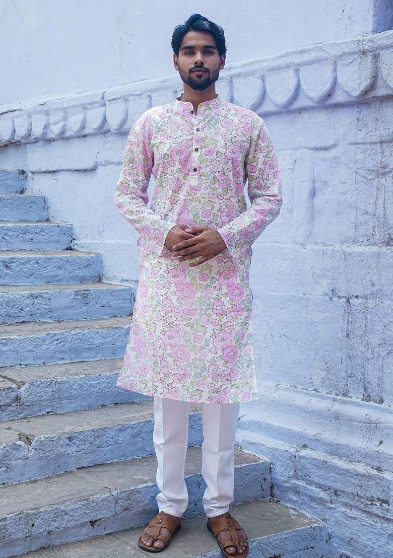 White Printed Woven Cotton Kurta For Men - Indya