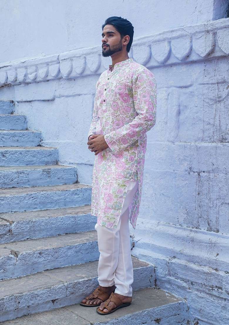 White Printed Woven Cotton Kurta For Men - Indya